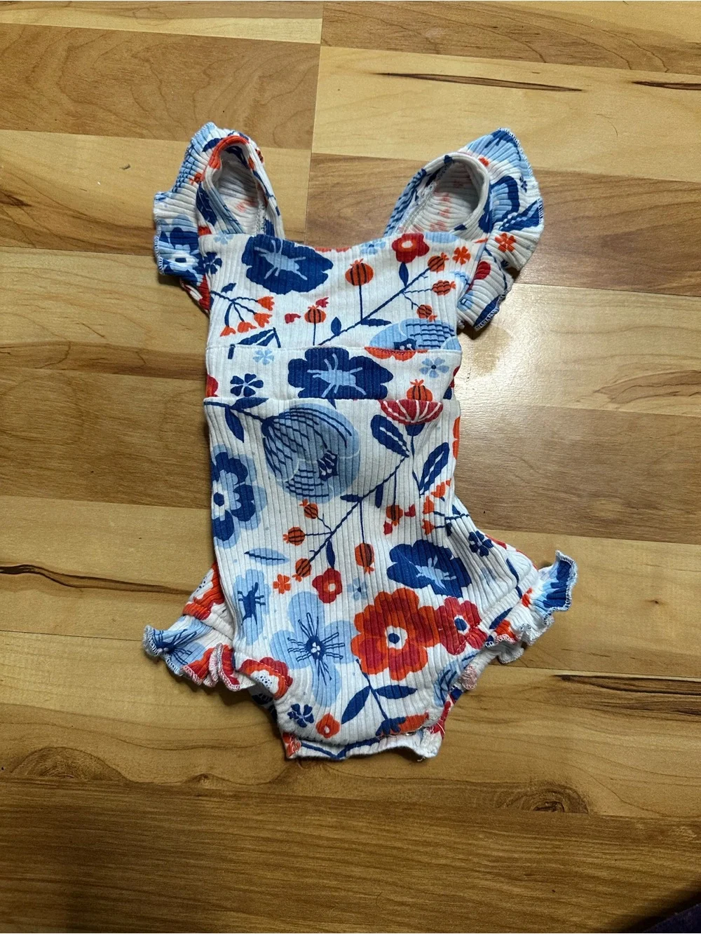 Old Navy Floral Ruffle-Strap One-Piece and Denim Shorts Set in White, Blue & Red